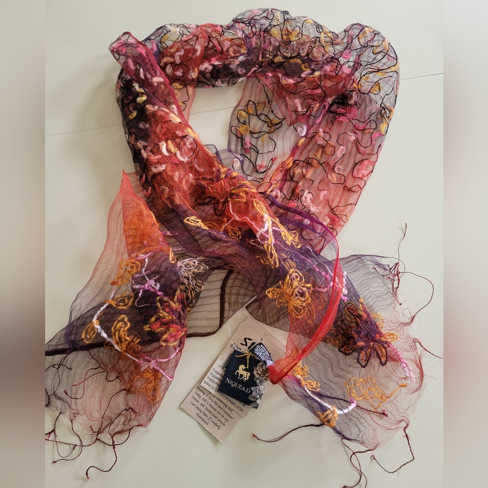 Niquead Silk Scarf 70x15 Fall Colors Natural Silk Embroidered NWT NIQUEA.D